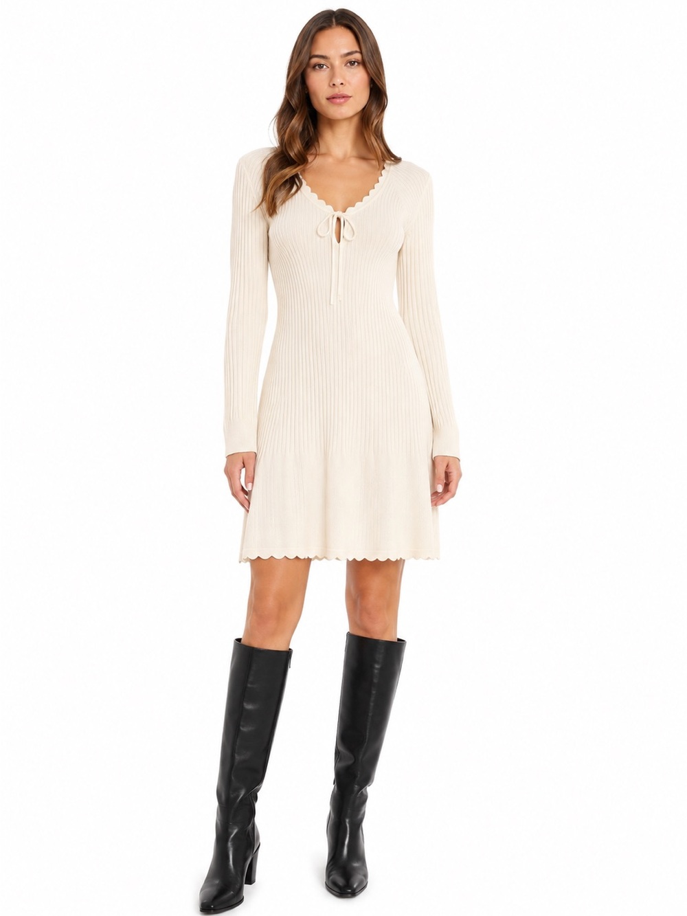 wild fable Cream Ribbed Long-Sleeve Midi Dress